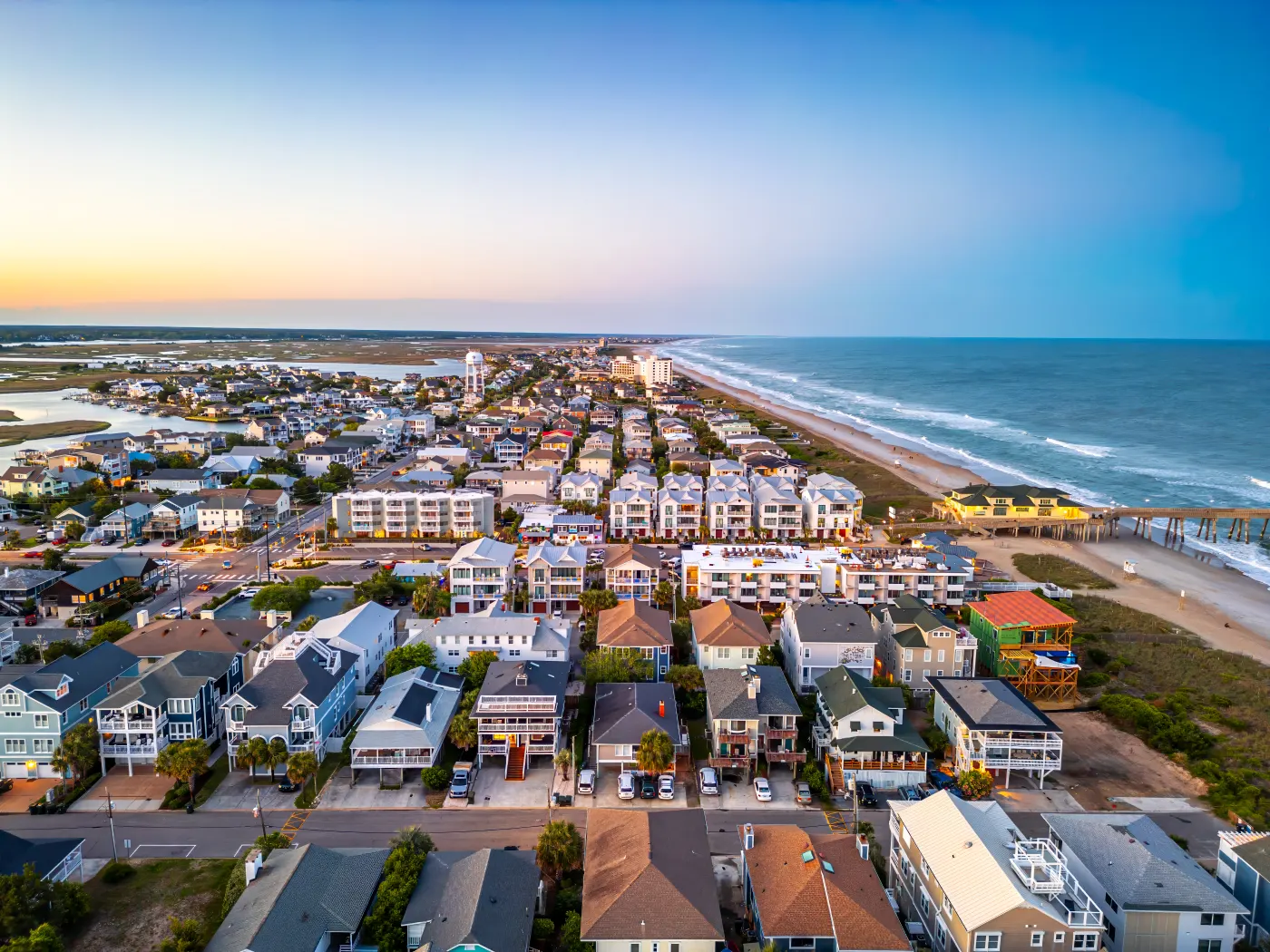 Aerial view of a Southeastern NC beach town and oceanfront